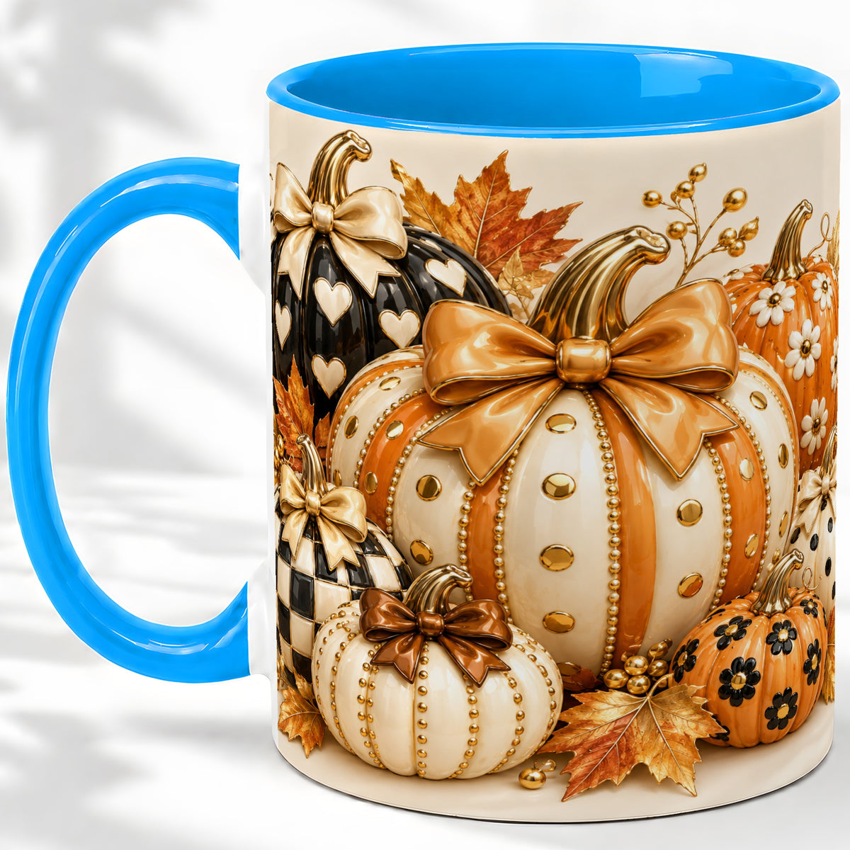 #pl[11oz|Blue] Cute Fall Pumpkin Bow Ceramic Mug, Floral Polka Dot Artwork
