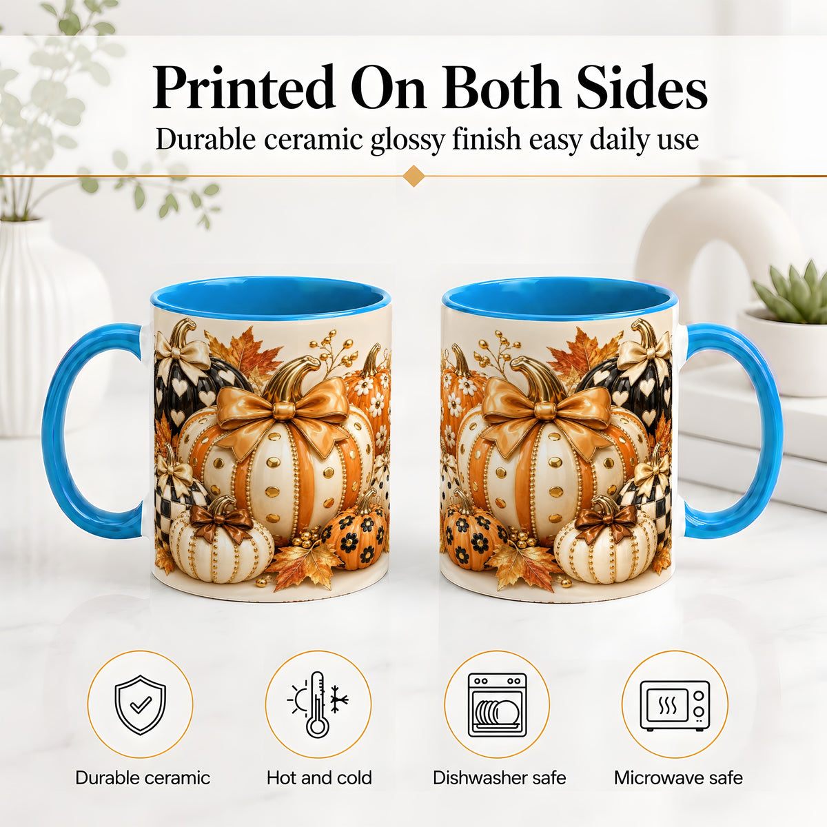 #pl[11oz|Blue] Cute Fall Pumpkin Bow Ceramic Mug, Floral Polka Dot Artwork