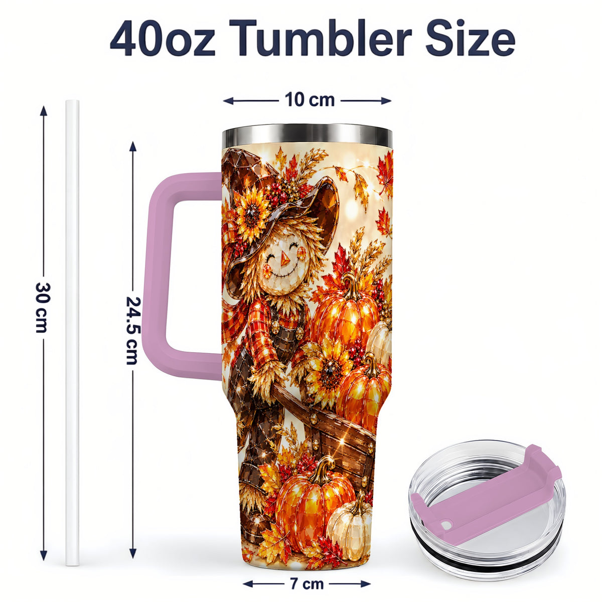 #pl[40oz|Pink] Harvest Scarecrow 40oz Tumbler, Pumpkin Wagon Artwork for Fall Lovers