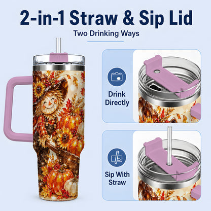 #pl[40oz|Pink] Harvest Scarecrow 40oz Tumbler, Pumpkin Wagon Artwork for Fall Lovers