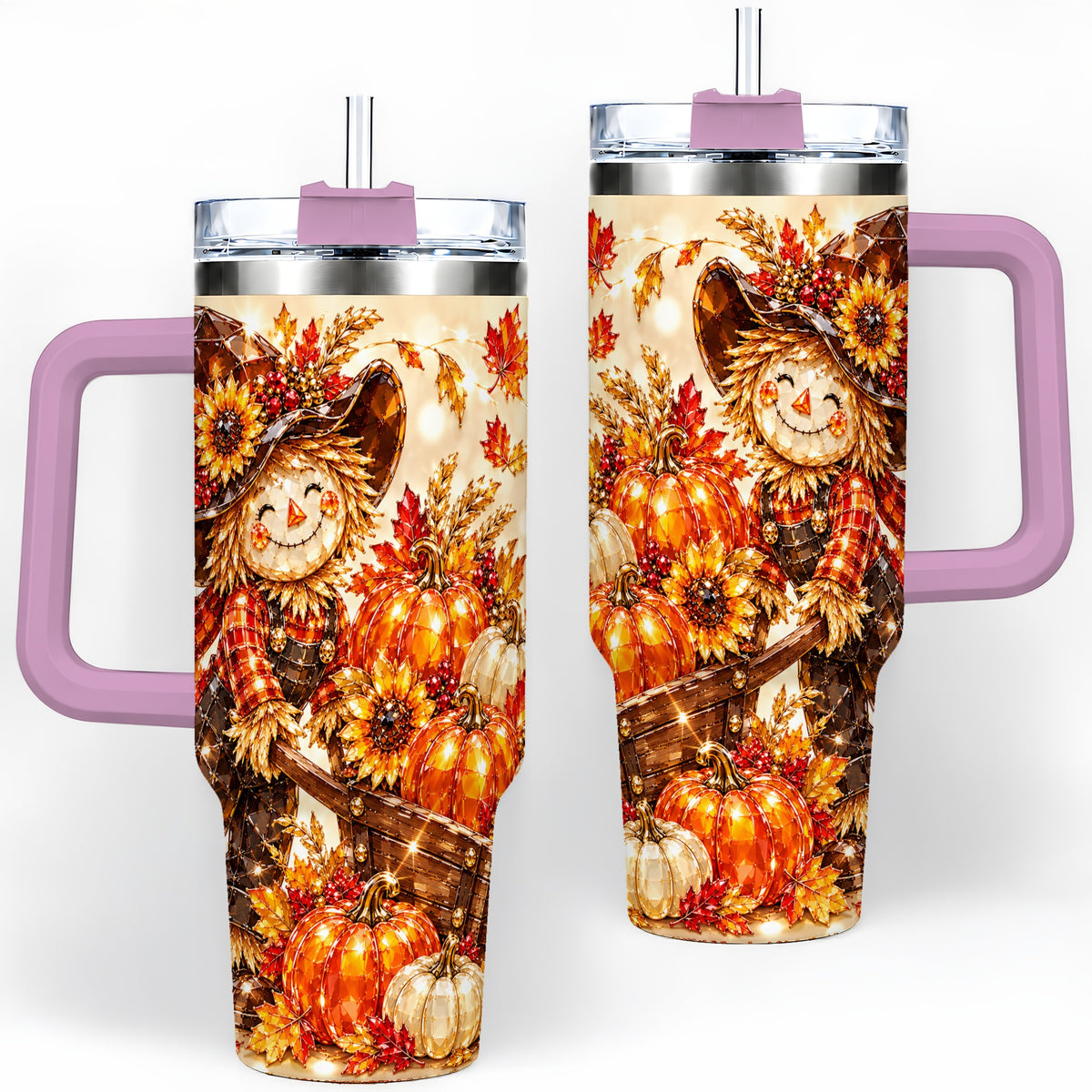 #pl[40oz|Pink] Harvest Scarecrow 40oz Tumbler, Pumpkin Wagon Artwork for Fall Lovers