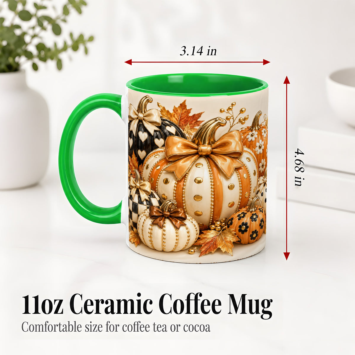 #pl[11oz|Green] Cute Fall Pumpkin Bow Ceramic Mug, Floral Polka Dot Artwork
