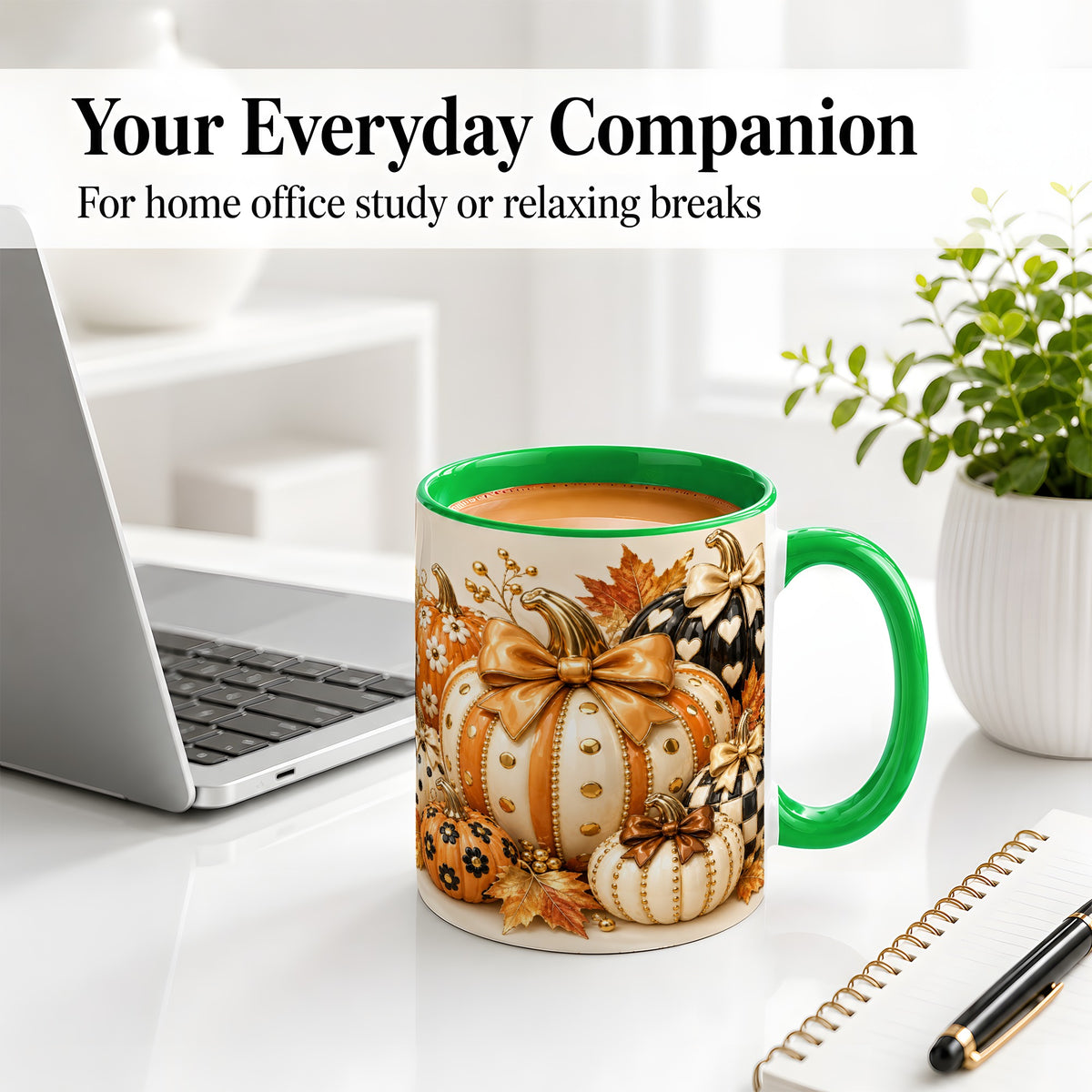 #pl[11oz|Green] Cute Fall Pumpkin Bow Ceramic Mug, Floral Polka Dot Artwork