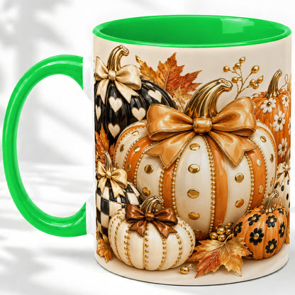 #pl[11oz|Green] Cute Fall Pumpkin Bow Ceramic Mug, Floral Polka Dot Artwork