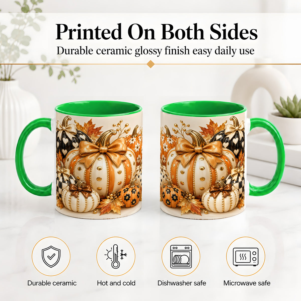 #pl[11oz|Green] Cute Fall Pumpkin Bow Ceramic Mug, Floral Polka Dot Artwork