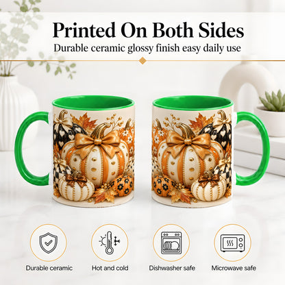 #pl[11oz|Green] Cute Fall Pumpkin Bow Ceramic Mug, Floral Polka Dot Artwork