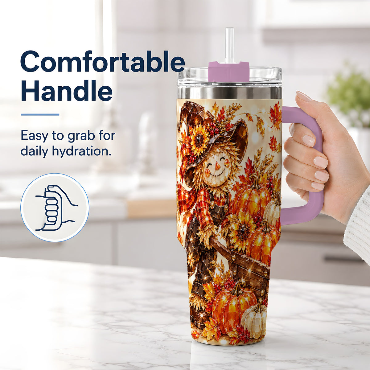 #pl[40oz|Pink] Harvest Scarecrow 40oz Tumbler, Pumpkin Wagon Artwork for Fall Lovers
