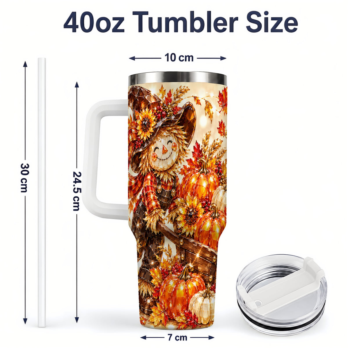 #pl[40oz|White] Harvest Scarecrow 40oz Tumbler, Pumpkin Wagon Artwork for Fall Lovers