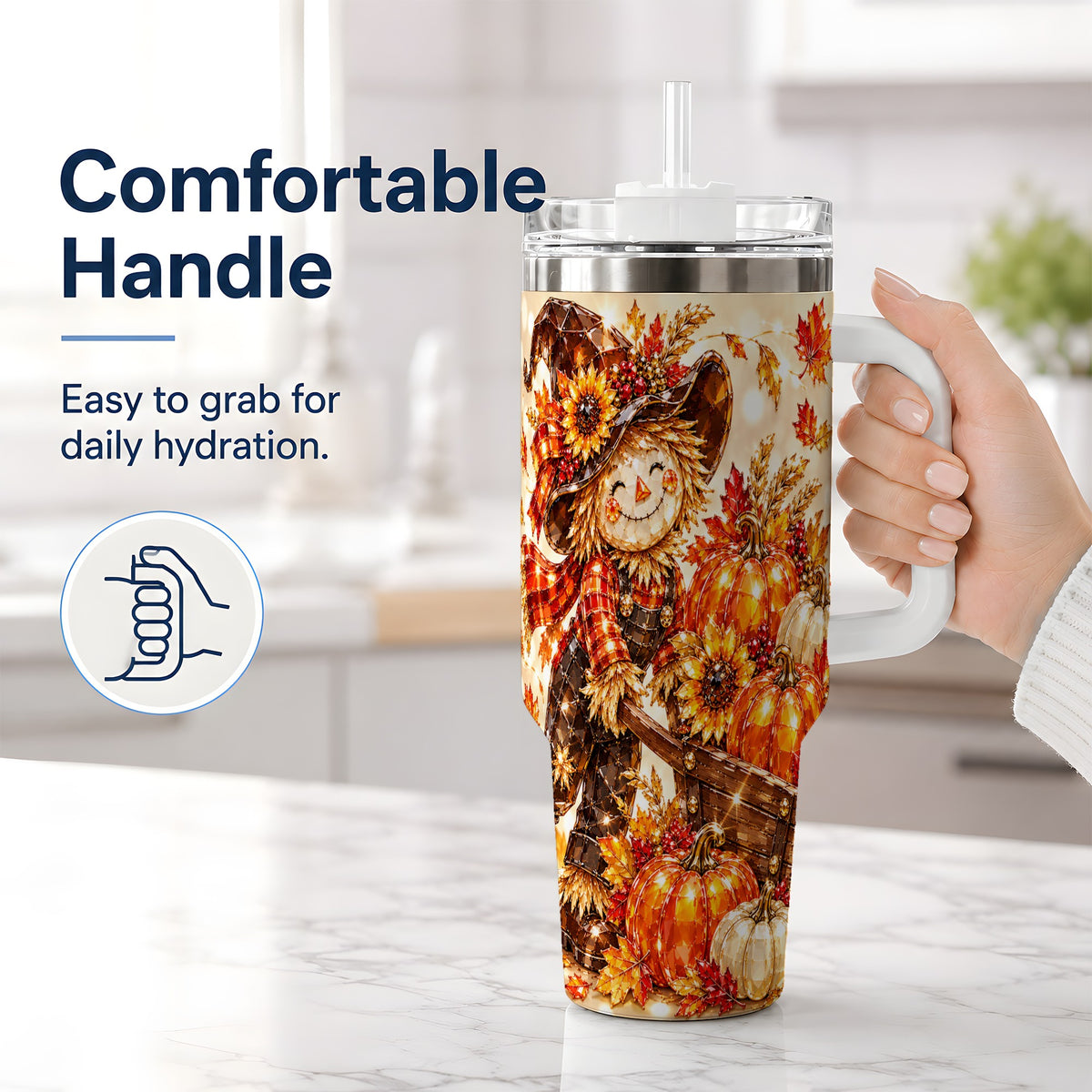 #pl[40oz|White] Harvest Scarecrow 40oz Tumbler, Pumpkin Wagon Artwork for Fall Lovers