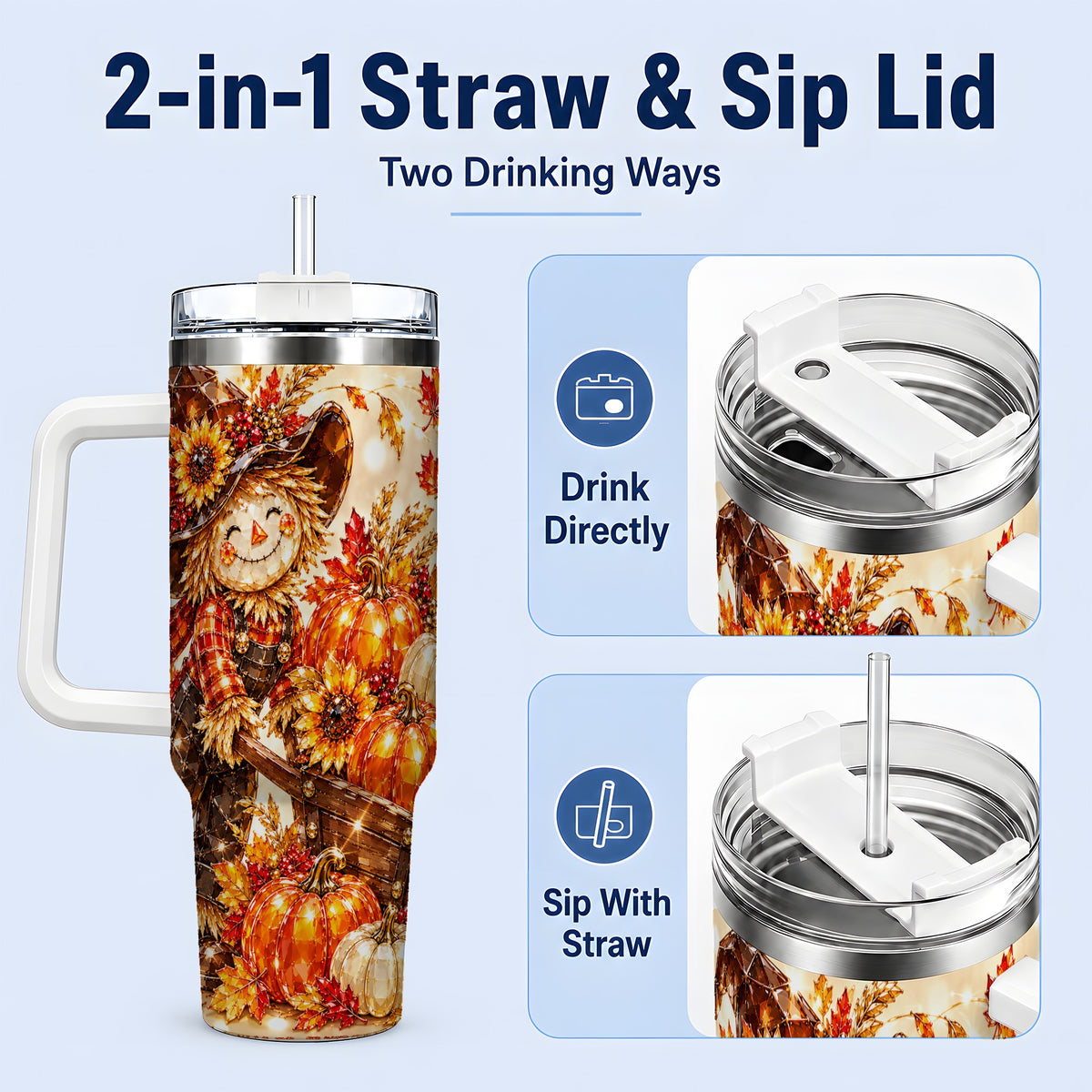 #pl[40oz|White] Harvest Scarecrow 40oz Tumbler, Pumpkin Wagon Artwork for Fall Lovers
