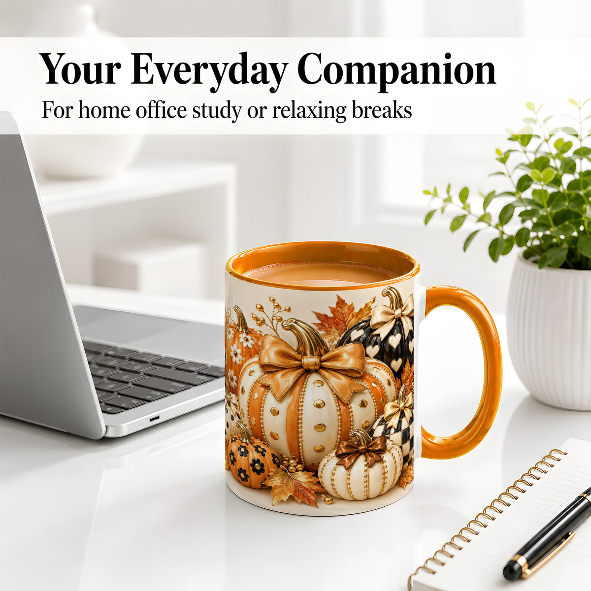 #pl[11oz|Orange] Cute Fall Pumpkin Bow Ceramic Mug, Floral Polka Dot Artwork