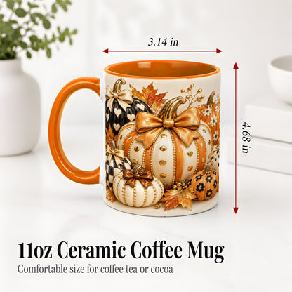 #pl[11oz|Orange] Cute Fall Pumpkin Bow Ceramic Mug, Floral Polka Dot Artwork