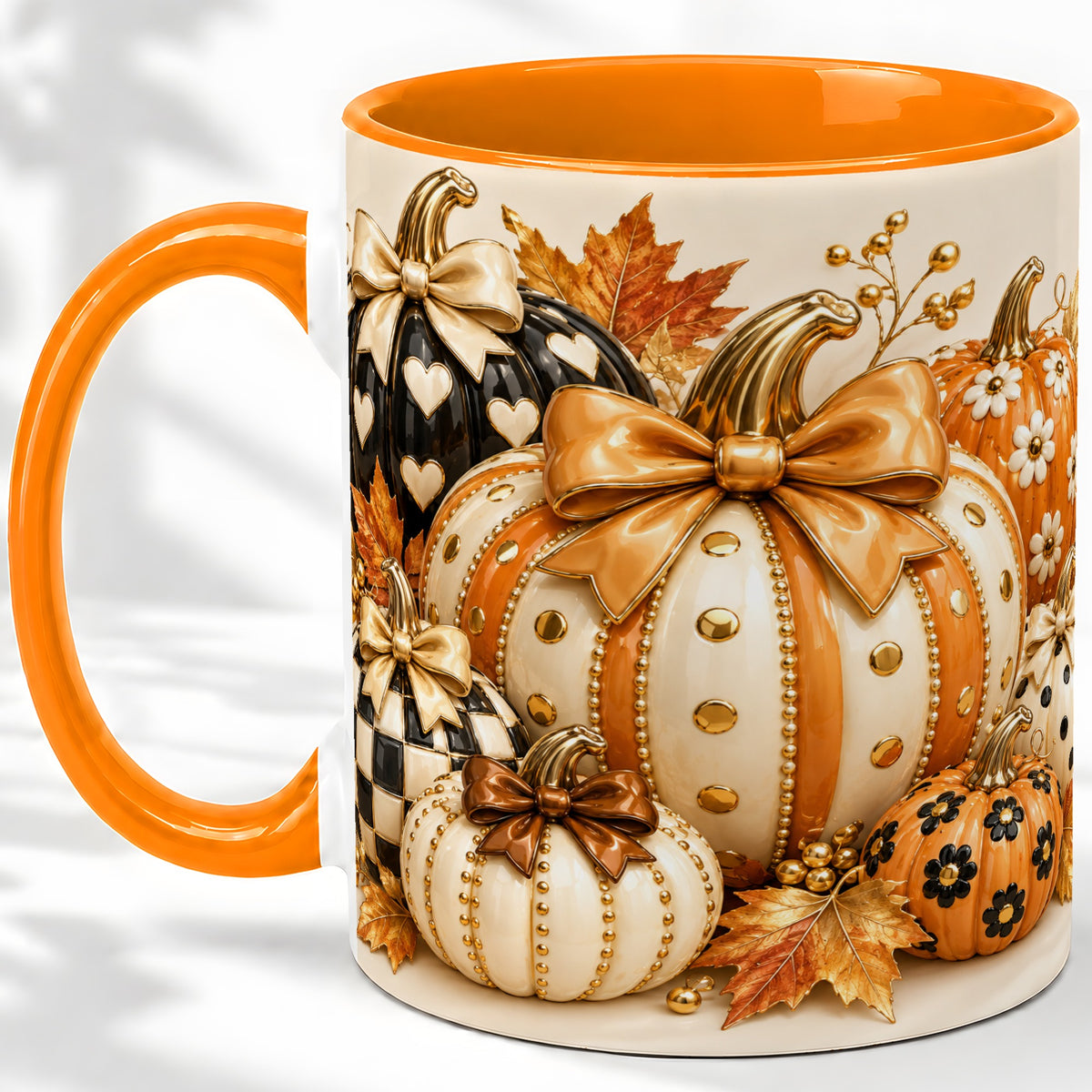 #pl[11oz|Orange] Cute Fall Pumpkin Bow Ceramic Mug, Floral Polka Dot Artwork
