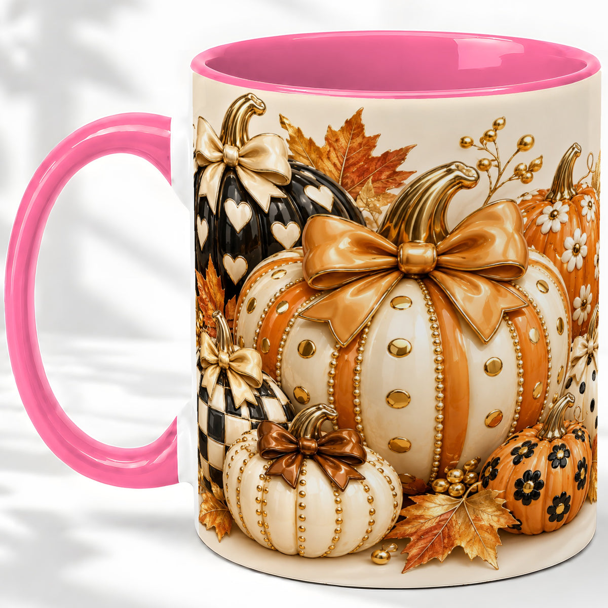 #pl[11oz|Pink] Cute Fall Pumpkin Bow Ceramic Mug, Floral Polka Dot Artwork