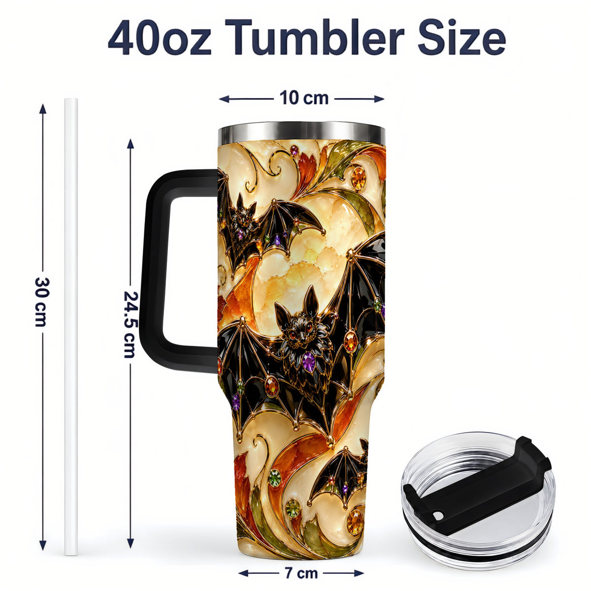 #pl[40oz|Black] Autumn Bat 40oz Tumbler, Gothic Fall Vine Artwork for Halloween Fans
