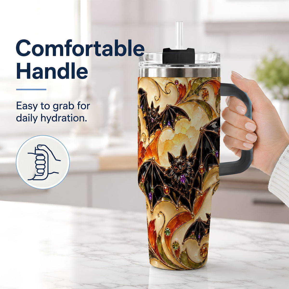 #pl[40oz|Black] Autumn Bat 40oz Tumbler, Gothic Fall Vine Artwork for Halloween Fans