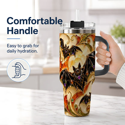 #pl[40oz|Black] Autumn Bat 40oz Tumbler, Gothic Fall Vine Artwork for Halloween Fans