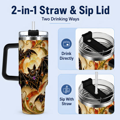 #pl[40oz|Black] Autumn Bat 40oz Tumbler, Gothic Fall Vine Artwork for Halloween Fans