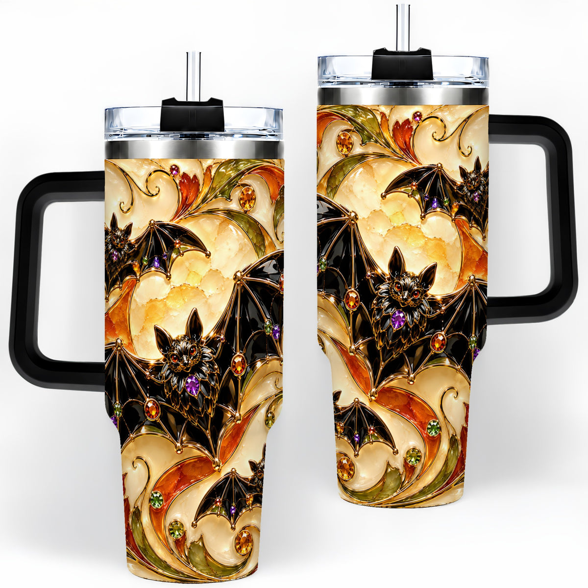 #pl[40oz|Black] Autumn Bat 40oz Tumbler, Gothic Fall Vine Artwork for Halloween Fans