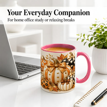 #pl[11oz|Pink] Cute Fall Pumpkin Bow Ceramic Mug, Floral Polka Dot Artwork