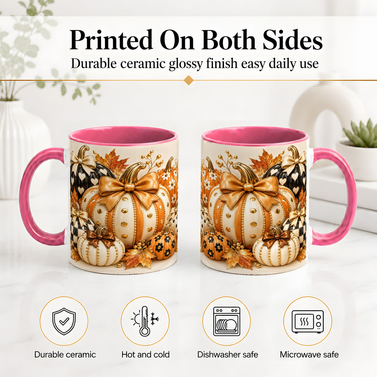 #pl[11oz|Pink] Cute Fall Pumpkin Bow Ceramic Mug, Floral Polka Dot Artwork