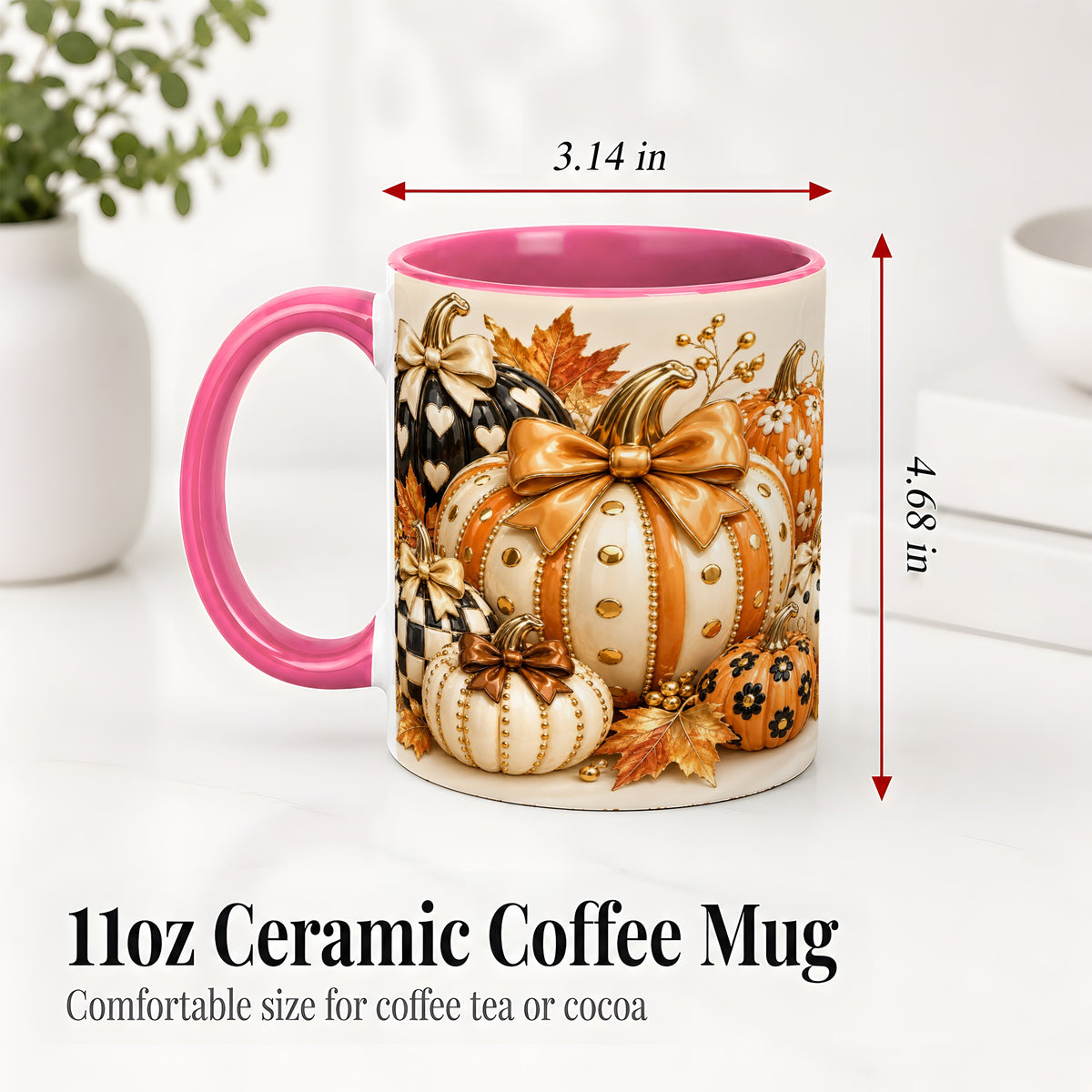 #pl[11oz|Pink] Cute Fall Pumpkin Bow Ceramic Mug, Floral Polka Dot Artwork