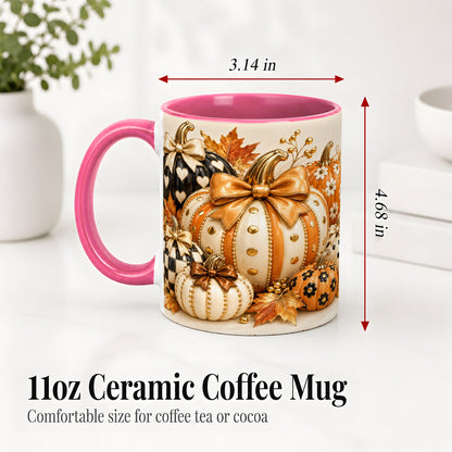 #pl[11oz|Pink] Cute Fall Pumpkin Bow Ceramic Mug, Floral Polka Dot Artwork