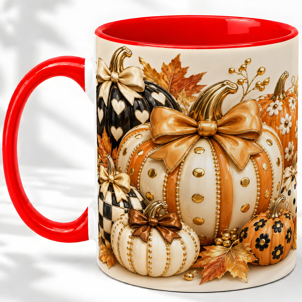 Cute Fall Pumpkin Bow Ceramic Mug, Floral Polka Dot Artwork