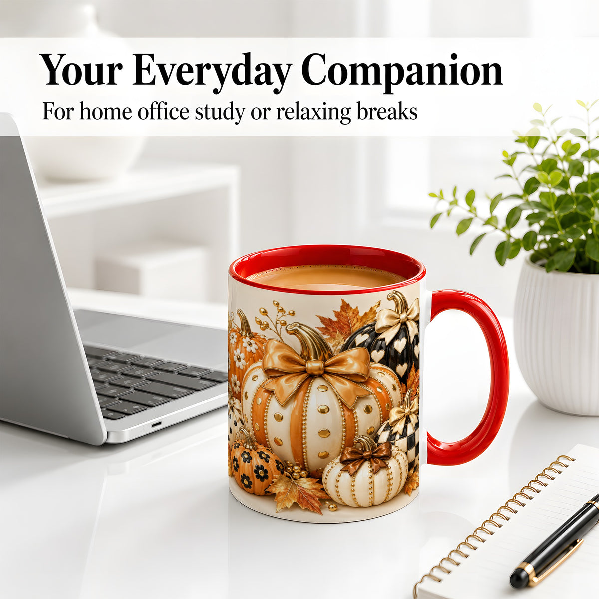 #pl[11oz|Red] Cute Fall Pumpkin Bow Ceramic Mug, Floral Polka Dot Artwork