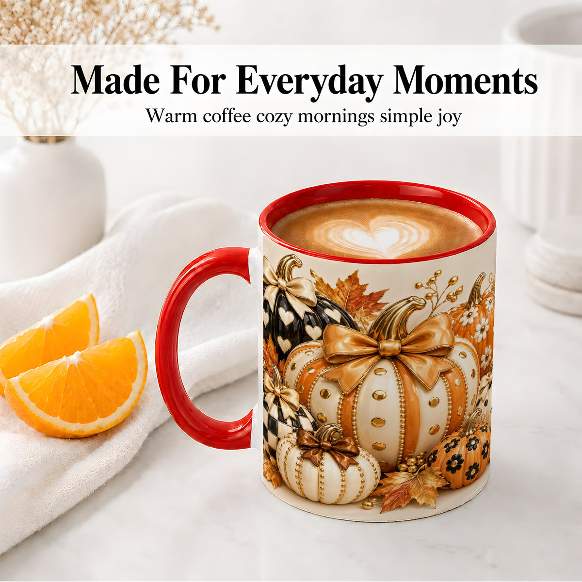 #pl[11oz|Red] Cute Fall Pumpkin Bow Ceramic Mug, Floral Polka Dot Artwork