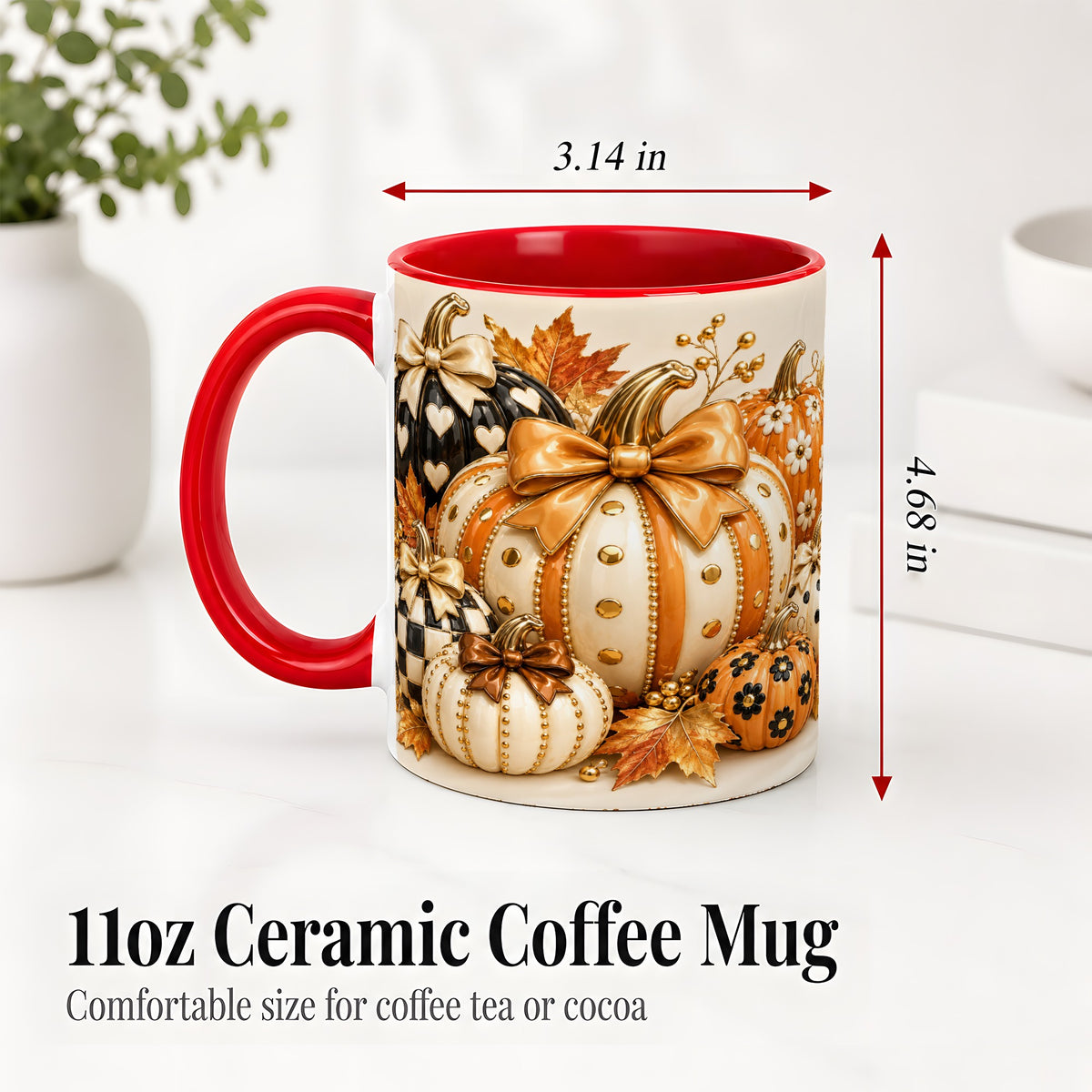 #pl[11oz|Red] Cute Fall Pumpkin Bow Ceramic Mug, Floral Polka Dot Artwork
