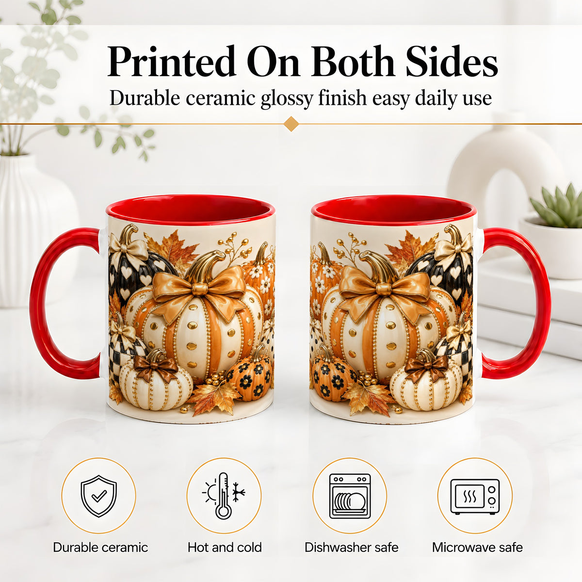 #pl[11oz|Red] Cute Fall Pumpkin Bow Ceramic Mug, Floral Polka Dot Artwork