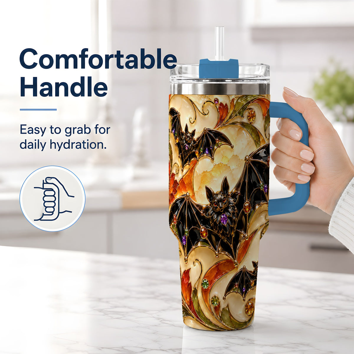 #pl[40oz|Blue] Autumn Bat 40oz Tumbler, Gothic Fall Vine Artwork for Halloween Fans