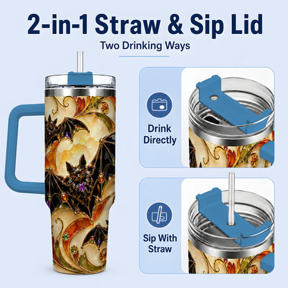 #pl[40oz|Blue] Autumn Bat 40oz Tumbler, Gothic Fall Vine Artwork for Halloween Fans