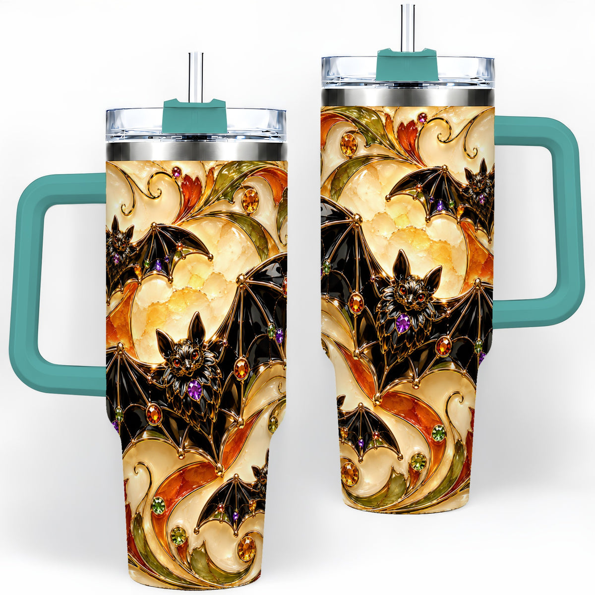 #pl[40oz|Green] Autumn Bat 40oz Tumbler, Gothic Fall Vine Artwork for Halloween Fans
