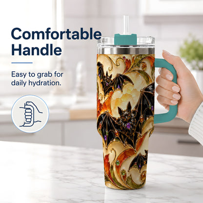 #pl[40oz|Green] Autumn Bat 40oz Tumbler, Gothic Fall Vine Artwork for Halloween Fans