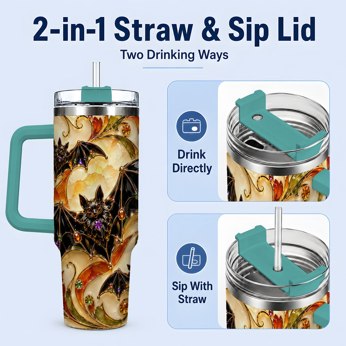 #pl[40oz|Green] Autumn Bat 40oz Tumbler, Gothic Fall Vine Artwork for Halloween Fans