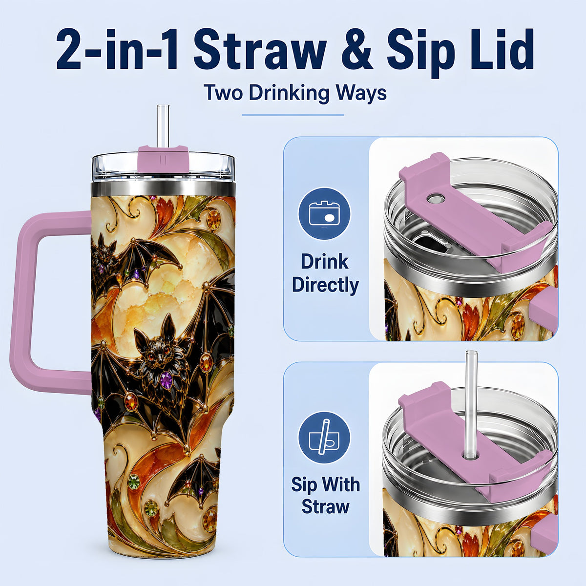 #pl[40oz|Pink] Autumn Bat 40oz Tumbler, Gothic Fall Vine Artwork for Halloween Fans