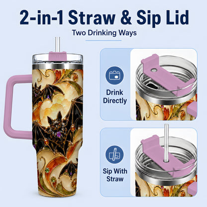 #pl[40oz|Pink] Autumn Bat 40oz Tumbler, Gothic Fall Vine Artwork for Halloween Fans