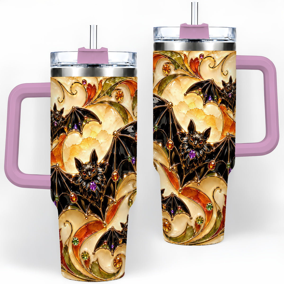 #pl[40oz|Pink] Autumn Bat 40oz Tumbler, Gothic Fall Vine Artwork for Halloween Fans