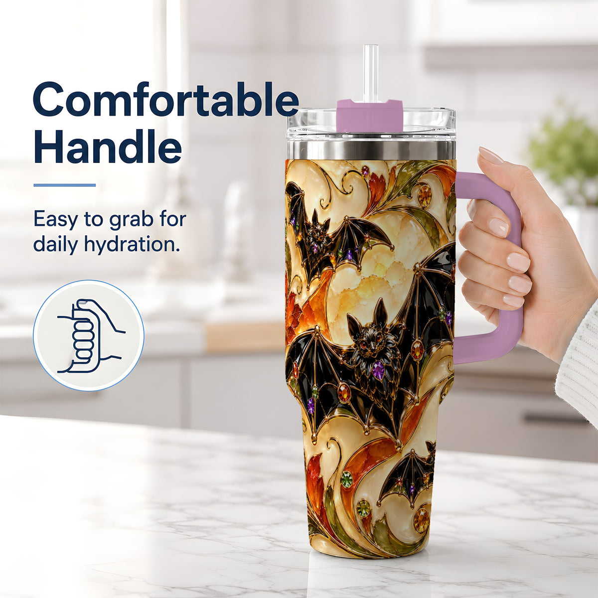 #pl[40oz|Pink] Autumn Bat 40oz Tumbler, Gothic Fall Vine Artwork for Halloween Fans