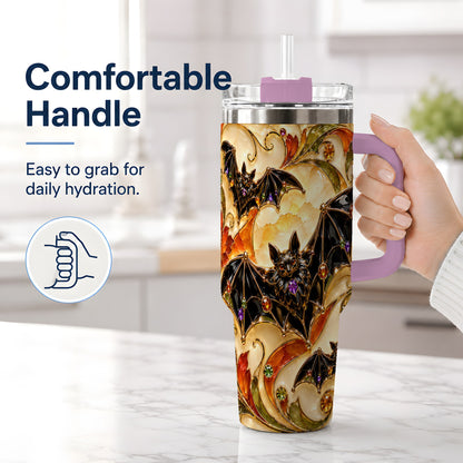 #pl[40oz|Pink] Autumn Bat 40oz Tumbler, Gothic Fall Vine Artwork for Halloween Fans