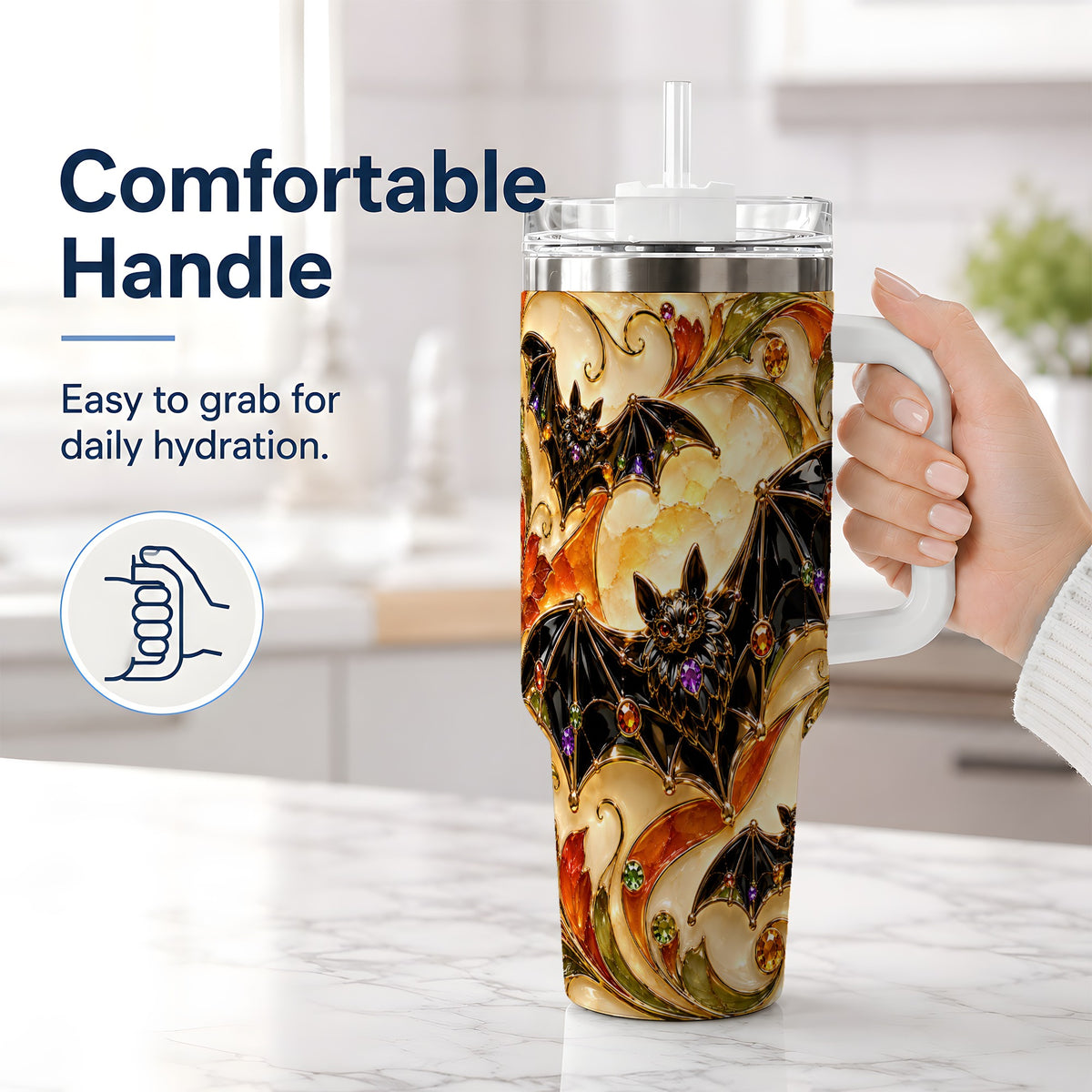 #pl[40oz|White] Autumn Bat 40oz Tumbler, Gothic Fall Vine Artwork for Halloween Fans
