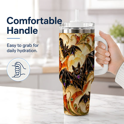#pl[40oz|White] Autumn Bat 40oz Tumbler, Gothic Fall Vine Artwork for Halloween Fans