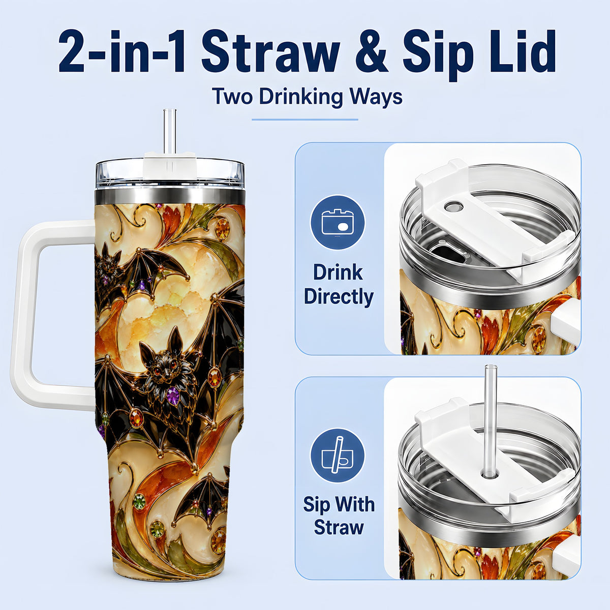 #pl[40oz|White] Autumn Bat 40oz Tumbler, Gothic Fall Vine Artwork for Halloween Fans