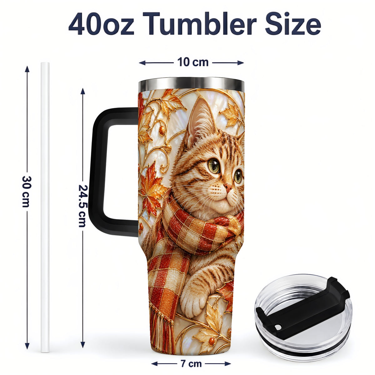 #pl[40oz|Black] Cozy Autumn Tabby Cat 40oz Tumbler, Fall Scarf Artwork for Cat Lovers