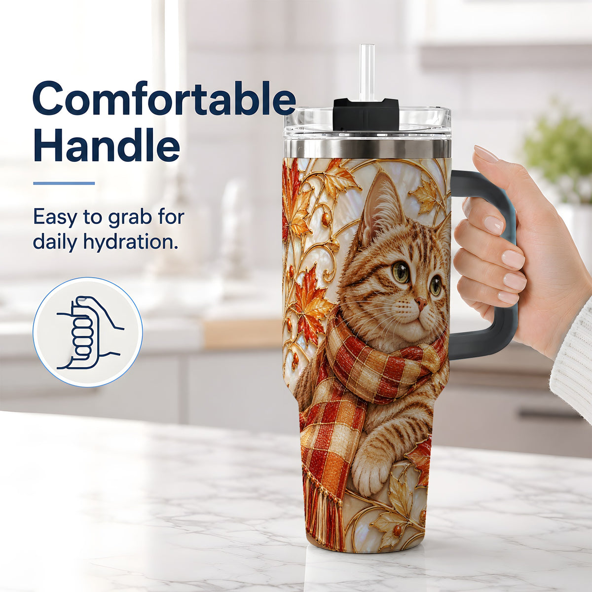 #pl[40oz|Black] Cozy Autumn Tabby Cat 40oz Tumbler, Fall Scarf Artwork for Cat Lovers