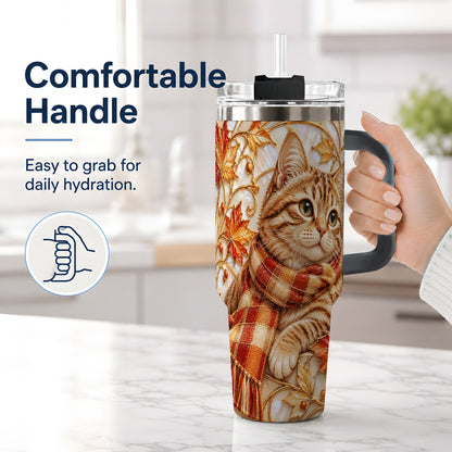 #pl[40oz|Black] Cozy Autumn Tabby Cat 40oz Tumbler, Fall Scarf Artwork for Cat Lovers