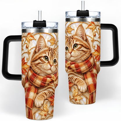#pl[40oz|Black] Cozy Autumn Tabby Cat 40oz Tumbler, Fall Scarf Artwork for Cat Lovers