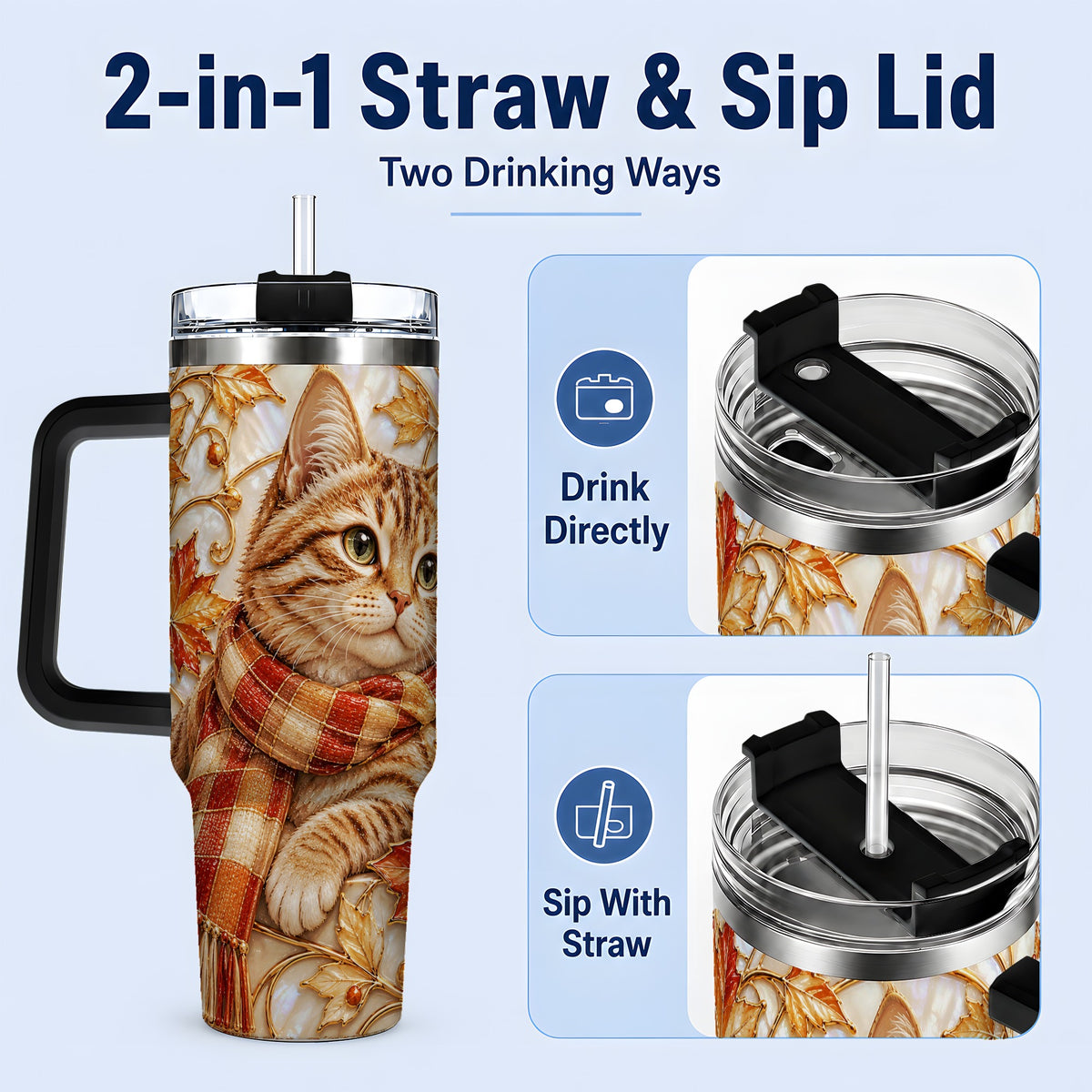 #pl[40oz|Black] Cozy Autumn Tabby Cat 40oz Tumbler, Fall Scarf Artwork for Cat Lovers